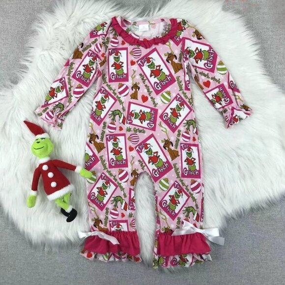 Grinch Who Stole Christmas Baby Girls Pink Bamboo Romper Jumpsuit Sleeper - Picture 1 of 2
